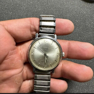 Vintage Elgin Self Winding Mens Wrist Watch Silver Tone Stretch Band Working